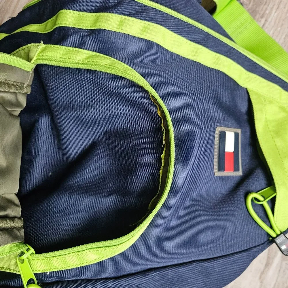Tommy Hilfiger‎ Logo Blue Lime Green Crossbody Sling Ergo Bag Backpack Vintage